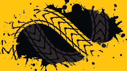 Dynamic Tire Tracks on Yellow Background with Black Grunge Splatters Vector © Nj Art