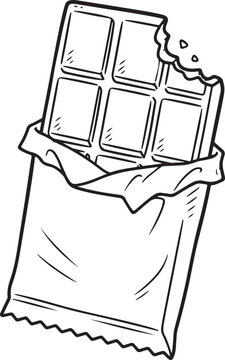 A hand drawn sketch of a sweet chocolate bar in a wrapper with a bite taken out