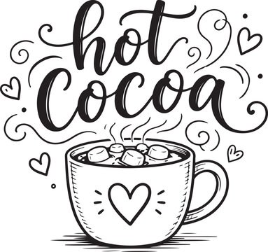 Hot cocoa lettering with a steaming cup of chocolate and marshmallows sketch