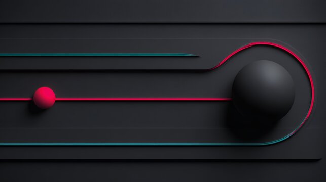 Abstract dark matte background with linear paths a small bright pink sphere and a large black ball wrapped in neon pink teal light