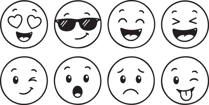 Set of eight hand drawn doodle emoji faces with various funny facial expressions