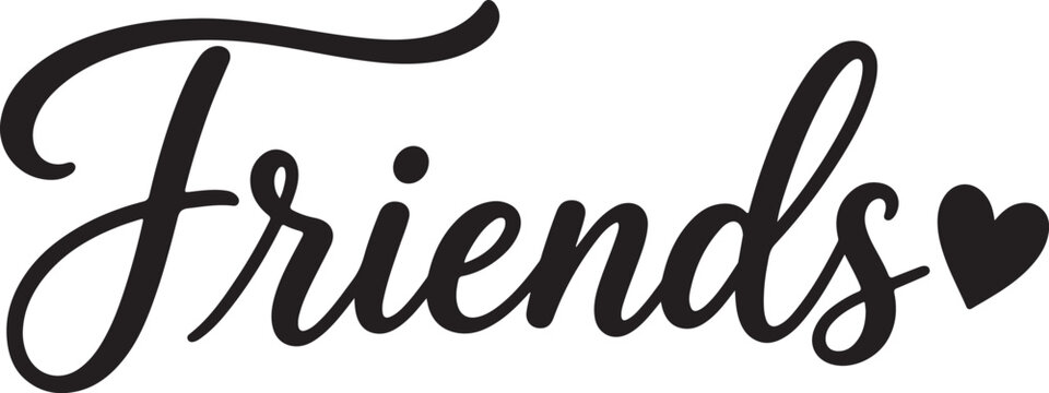 Black cursive lettering of the word friends with a small heart icon design