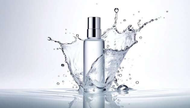 Clear Bottle with Dynamic Water Splash and Reflections.
