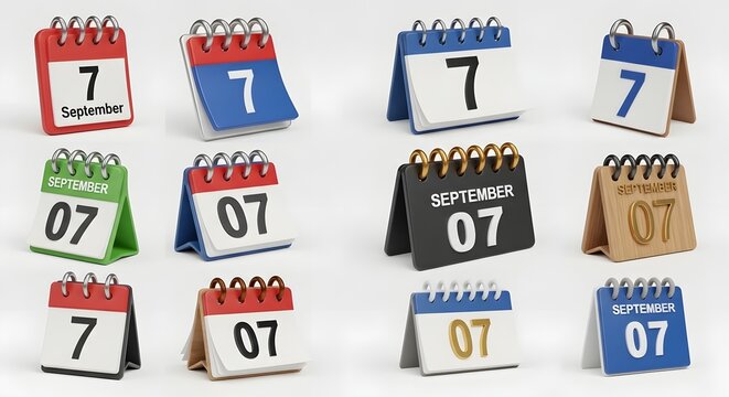 Set of 3d calendar pages showing september 7 isolated on white background