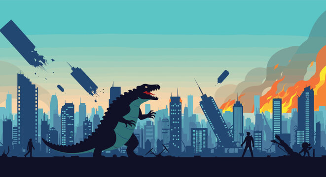 Giant dinosaur monster rampages through a burning city with collapsing skyscrapers in a retro pixel art style illustration.