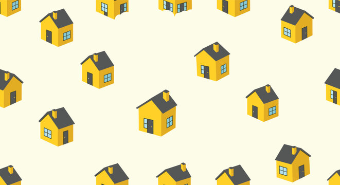 Seamless pattern of isometric yellow suburban houses with dark grey roofs repeating on a light cream background.
