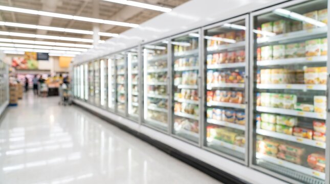 Blurred view of refrigerated grocery store aisle with glass door freezers filled with frozen food products and dairy items in bright modern supermarket retail shopping environment