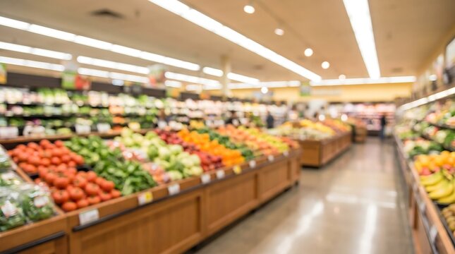 Blurred produce section in grocery store with fresh vegetables and fruits on wooden display shelves in brightly lit modern supermarket for healthy food and lifestyle marketing content
