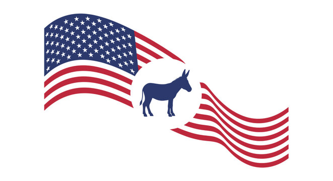 Waving United States flag featuring the blue silhouette of the democratic donkey mascot in a central white circle.