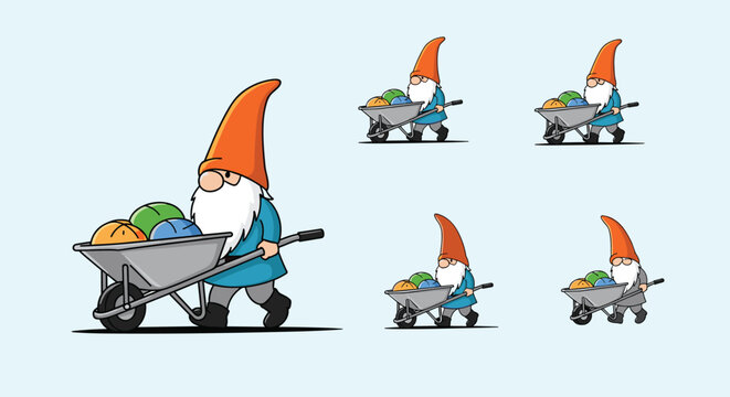 Small garden gnomes in blue shirts and orange hats pushing wheelbarrows filled with colorful stones in a layout set.