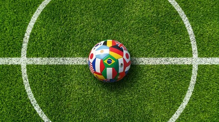 Obraz premium International football soccer ball with national flags on center of green field