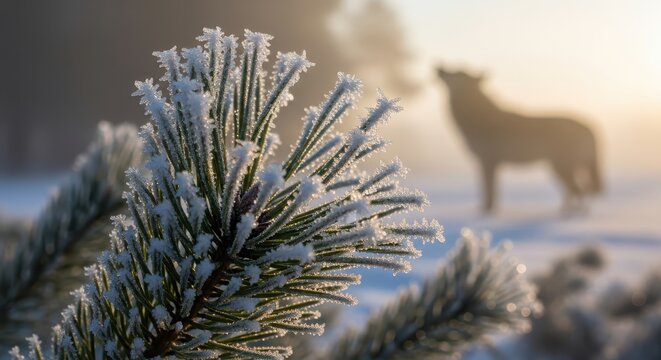 Frosty Pine Branch with Howling Wolf Silhouette in Winter Sunset Landscape