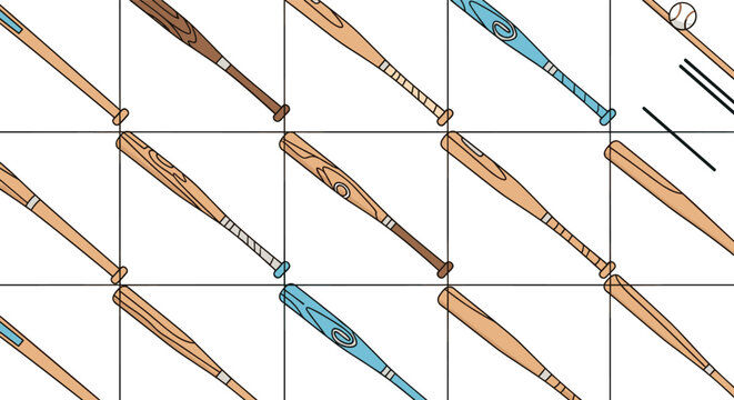 Seamless pattern of wooden baseball bats in various colors arranged diagonally over a thin black grid background.