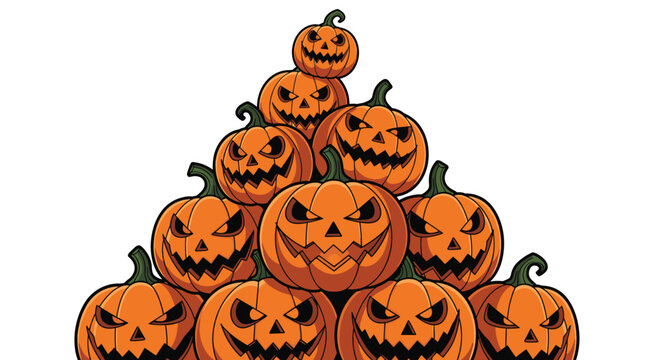 Large pyramid of spooky orange Halloween pumpkins with scary carved faces isolated on a white background.