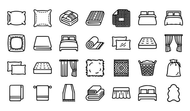 Bedroom textile and bedding outline icons isolated on white background