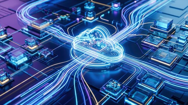 Futuristic digital cloud computing network with glowing data streams connecting circuit boards