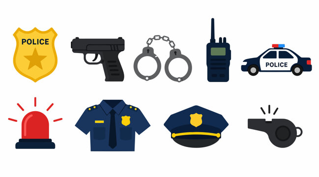 Flat Design Police Equipment and Uniform Icons Set.