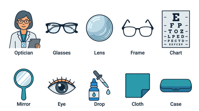 Collection of eye care and optometry related icons.
