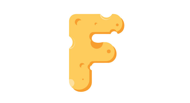 Capital letter F creatively shaped like a slice of yellow Swiss cheese with holes and bite marks, on a white background.