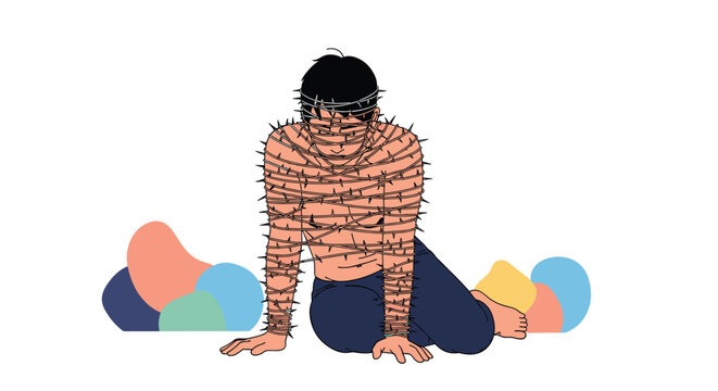 Depressed and lonely man wrapped tightly in sharp barbed wire sitting on the floor with colorful abstract shapes.