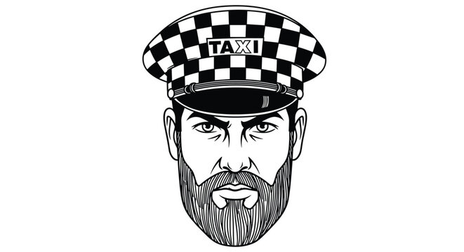 Line art portrait of a bearded taxi driver with a serious expression, wearing a checkered cabbie cap.