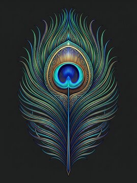 Vibrant peacock feather design with golden patterns on dark background