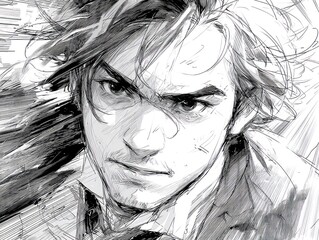 Fototapeta premium Intense Portrait of a Young Man with Windswept Hair in Sketch Style.