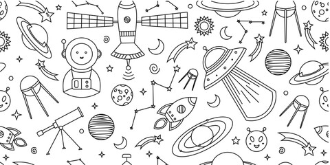 Space themed pattern background. Seamless pattern of space themed doodle pattern background. Hand drawn spaces doodle pattern background. Seamless space planet kid doodle universe design. © Predi