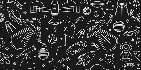 Space themed pattern background. Seamless pattern of space themed doodle pattern background. Hand drawn spaces doodle pattern background. Seamless space planet kid doodle universe design. © Predi
