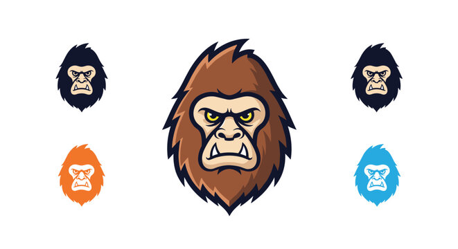 Set of colorful angry ape or gorilla heads showing furious expressions, perfect for sports mascot logos and branding.