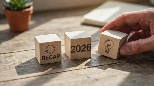 Hand placing wooden blocks with recap twenty twenty six and lightbulb icons on rustic table surface