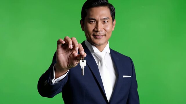 Contemporary Butler Personal Attendant Wearing Formal Suit Holding Keys Against Green Screen Background