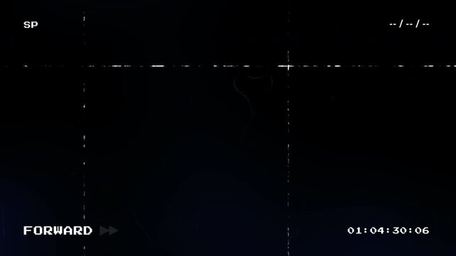 Retro VHS glitch overlay featuring a digital timecode and forward playback text on a dark blue background with analog tracking lines and distorted static effects for vintage video
