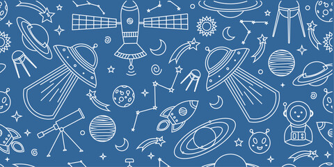 Space themed pattern background. Seamless pattern of space themed doodle pattern background. Hand drawn spaces doodle pattern background. Seamless space planet kid doodle universe design. © Predi