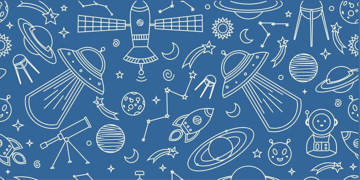 Space themed pattern background. Seamless pattern of space themed doodle pattern background. Hand drawn spaces doodle pattern background. Seamless space planet kid doodle universe design.