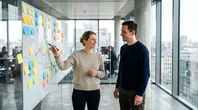 Dynamic professional man and woman discussing project ideas on a glass whiteboard with sticky notes, portraying collaborative office brainstorming