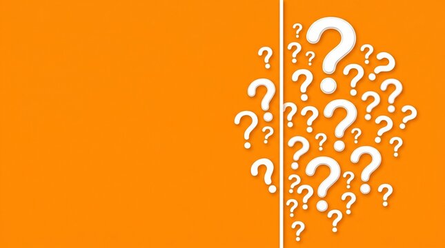 Question Marks Cluster: A vibrant orange background is adorned with a scattered arrangement of white question marks, symbolizing inquiry, uncertainty, and the pursuit of answers.
