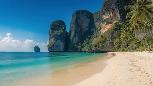 Discover breathtaking beach with turquoise waves gently lapping pristine white sand coastline