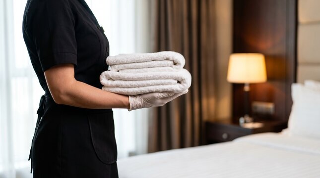 Hotel staff member holding white towels in a luxurious room with bed and lamp
