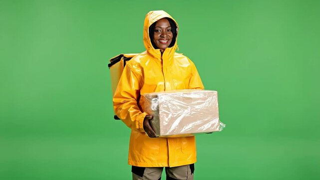 Delivery Driver in Bright Yellow Waterproof Raincoat Holding Package Against Green Screen Background for Efficient Delivery Concept