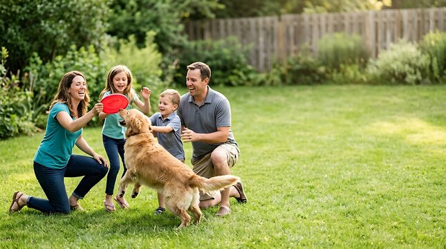 Happy family playing with their golden retriever in a green backyard
