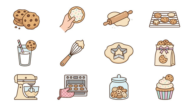 Colorful cookie illustrations with baking tools and treats