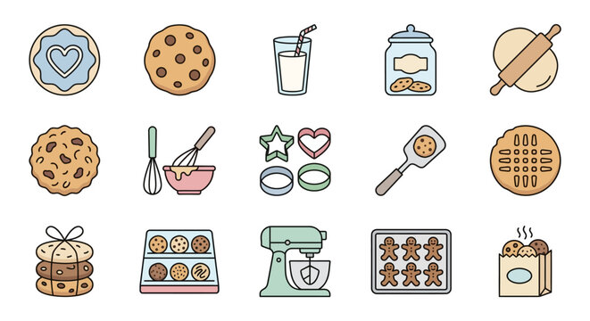 Colorful cookie illustrations with baking tools and treats