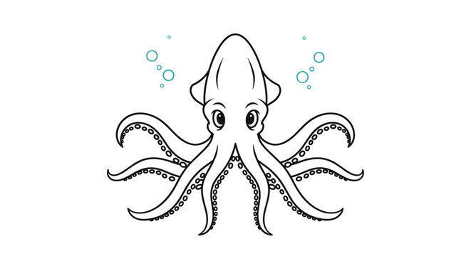 Simple cartoon outline vector illustration of a friendly squid swimming with light blue water bubbles.