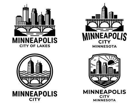 Set of minneapolis city skyline logos with bridge and urban buildings