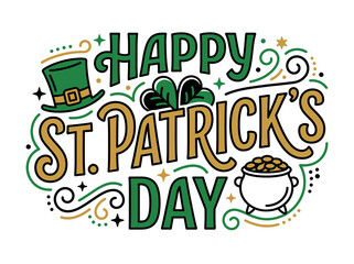 Naklejka premium Happy st patricks day hand drawn lettering with leprechaun hat and pot