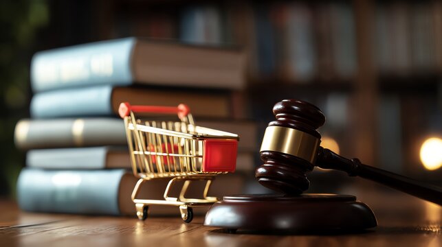 Court gavel with shopping cart and law books.