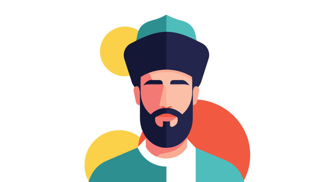 Modern flat vector illustration of a handsome bearded man wearing a traditional central Asian wool cap Papakha.