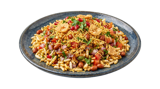 Traditional Indian Bhel Puri snack, spicy puffed rice chaat with peanuts and pomegranate, savory street food appetizer on blue ceramic plate isolated PNG with Transparent Background