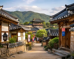 Naklejka premium Scenic pathway through traditional korean hanok village with old wooden houses and mountains in distance during summer day